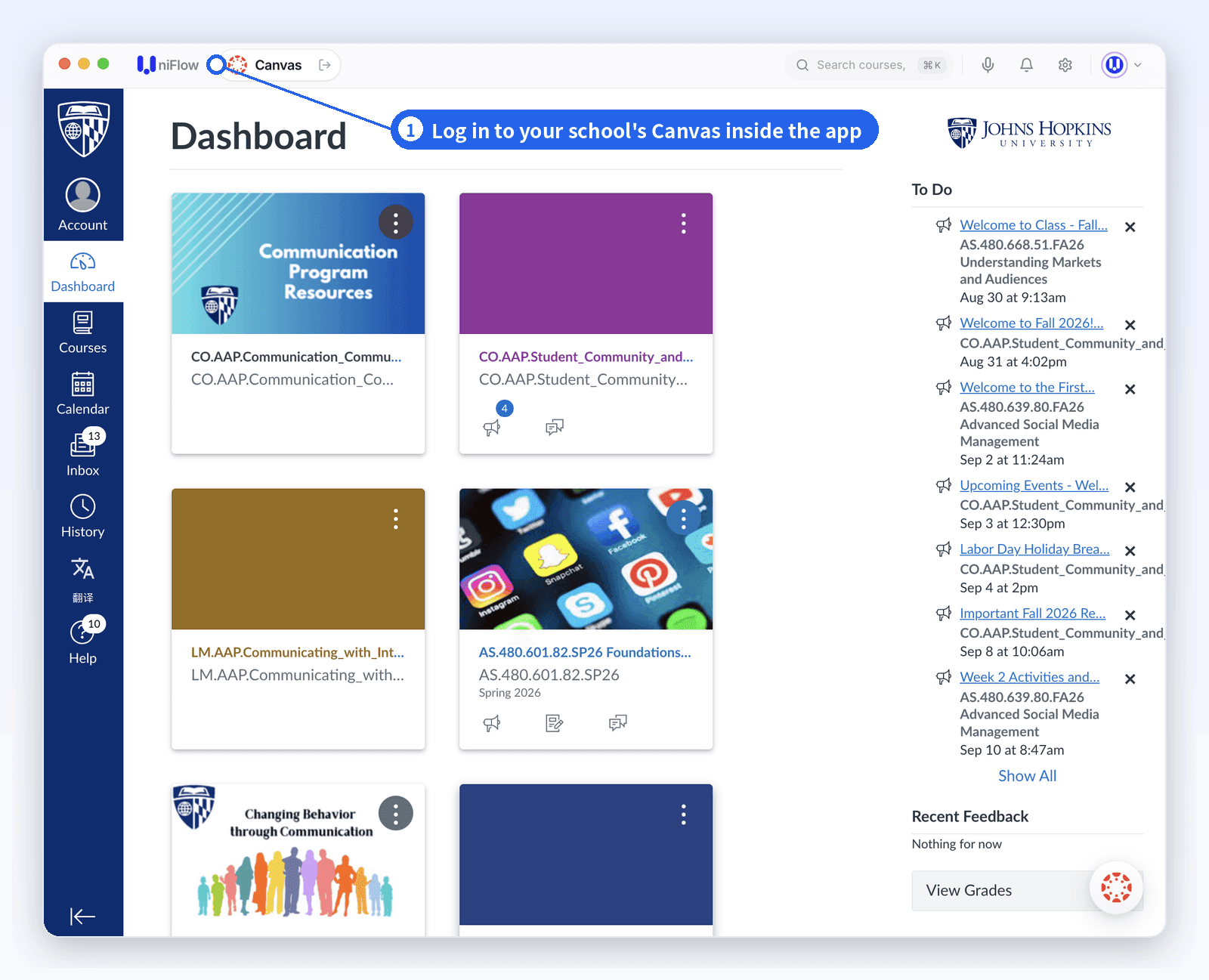 Logging in to a school's Canvas inside UniFlow Study's built-in browser