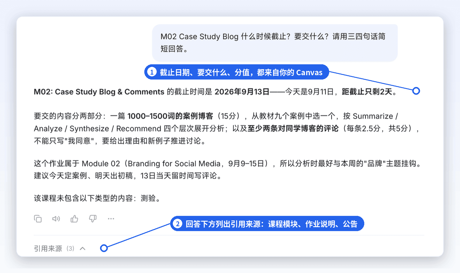 由你畅学 UniFlow Study:问「M02 Case Study Blog 什么时候截止」,回答给出截止日期、要交的内容和分值,并列出引用来源