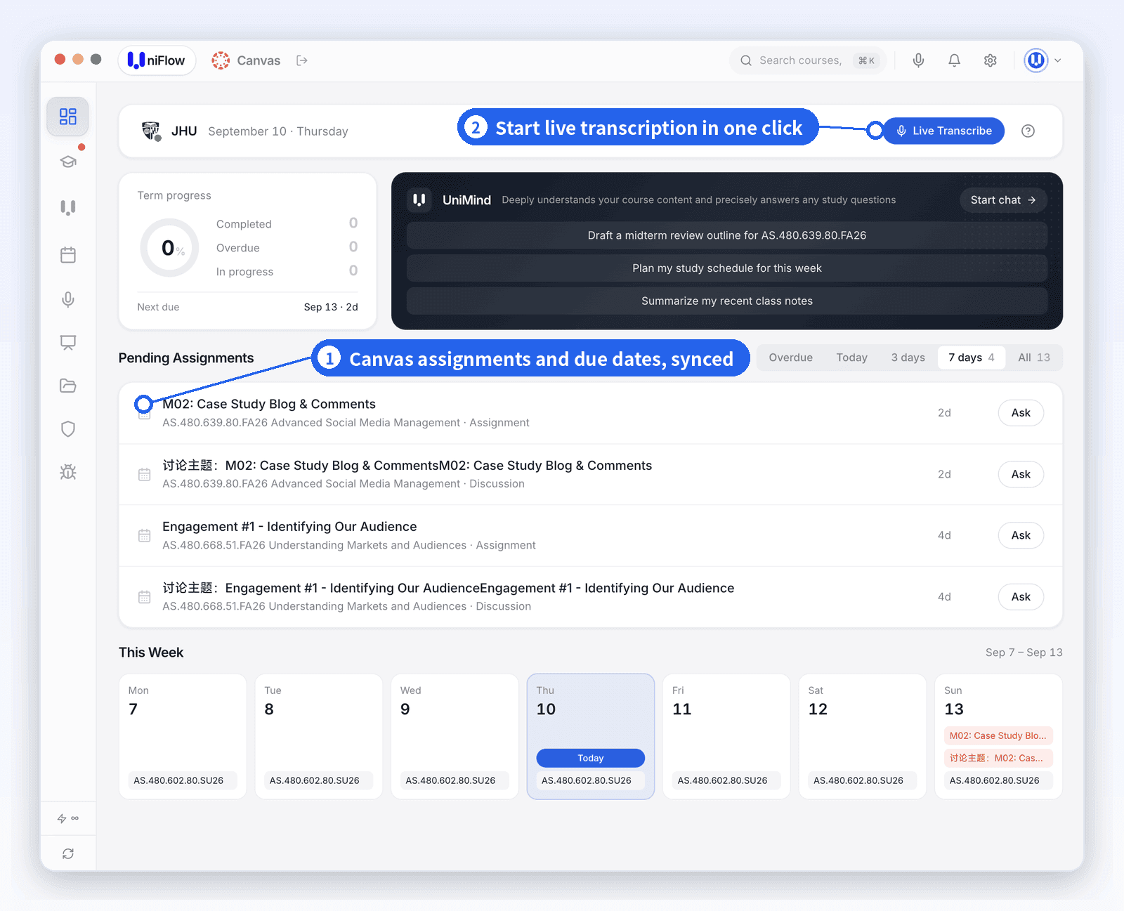 UniFlow Study home screen: Canvas assignments and due dates synced automatically, with one-click live transcription