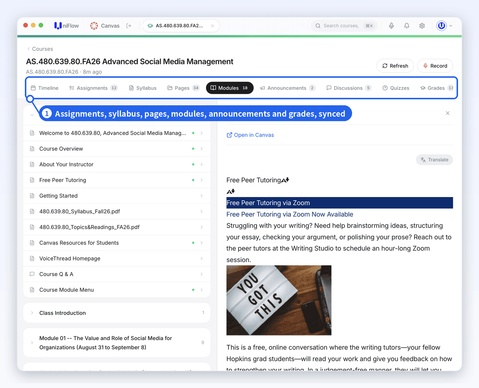 A Canvas course synced into UniFlow Study: assignments, syllabus, pages, modules, announcements, discussions and grades